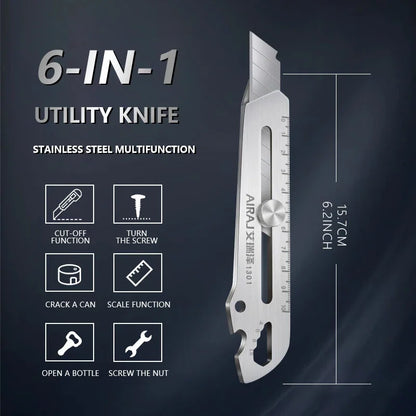 Multifunctional Utility Knife 6 in 1 Stainless Steel Stationery All Purpose Cutter Bottle Tin Opener Waterproof Screw Ruler Tool